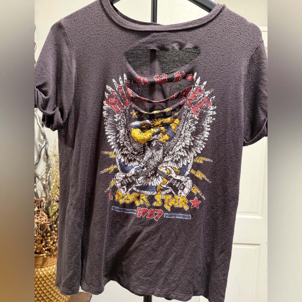 Charlotte Russe Black Distressed Eagle Graphic Tee with Red & Yellow Accents